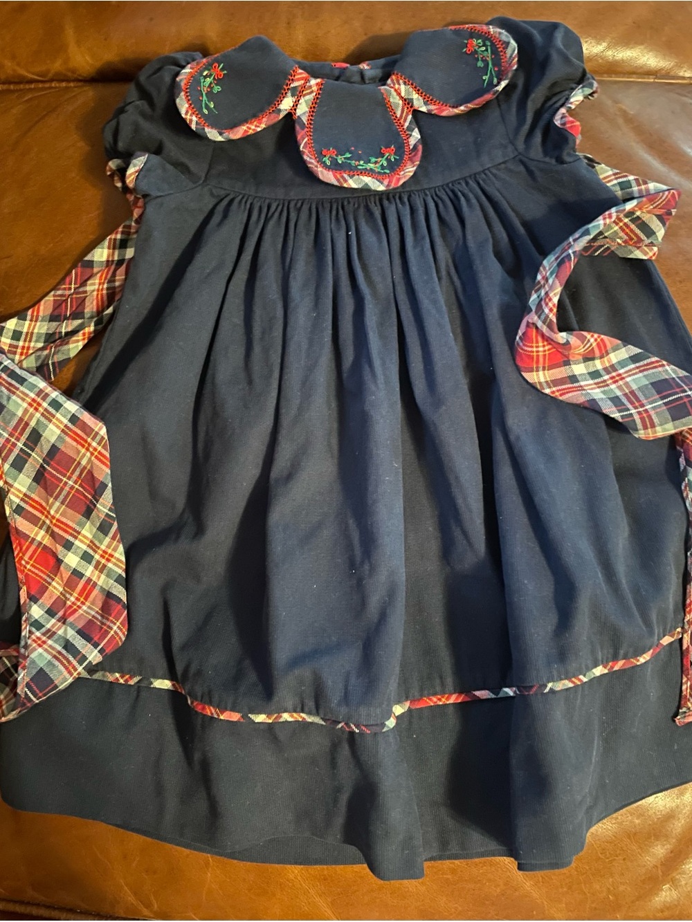 Girl’s Luli & Me Noel Petal-Collar Plaid Trim Dress 24 mo